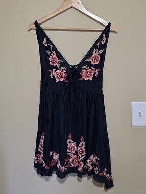 Free People Navy Mini Dress with Pink Floral Embroidery Accents